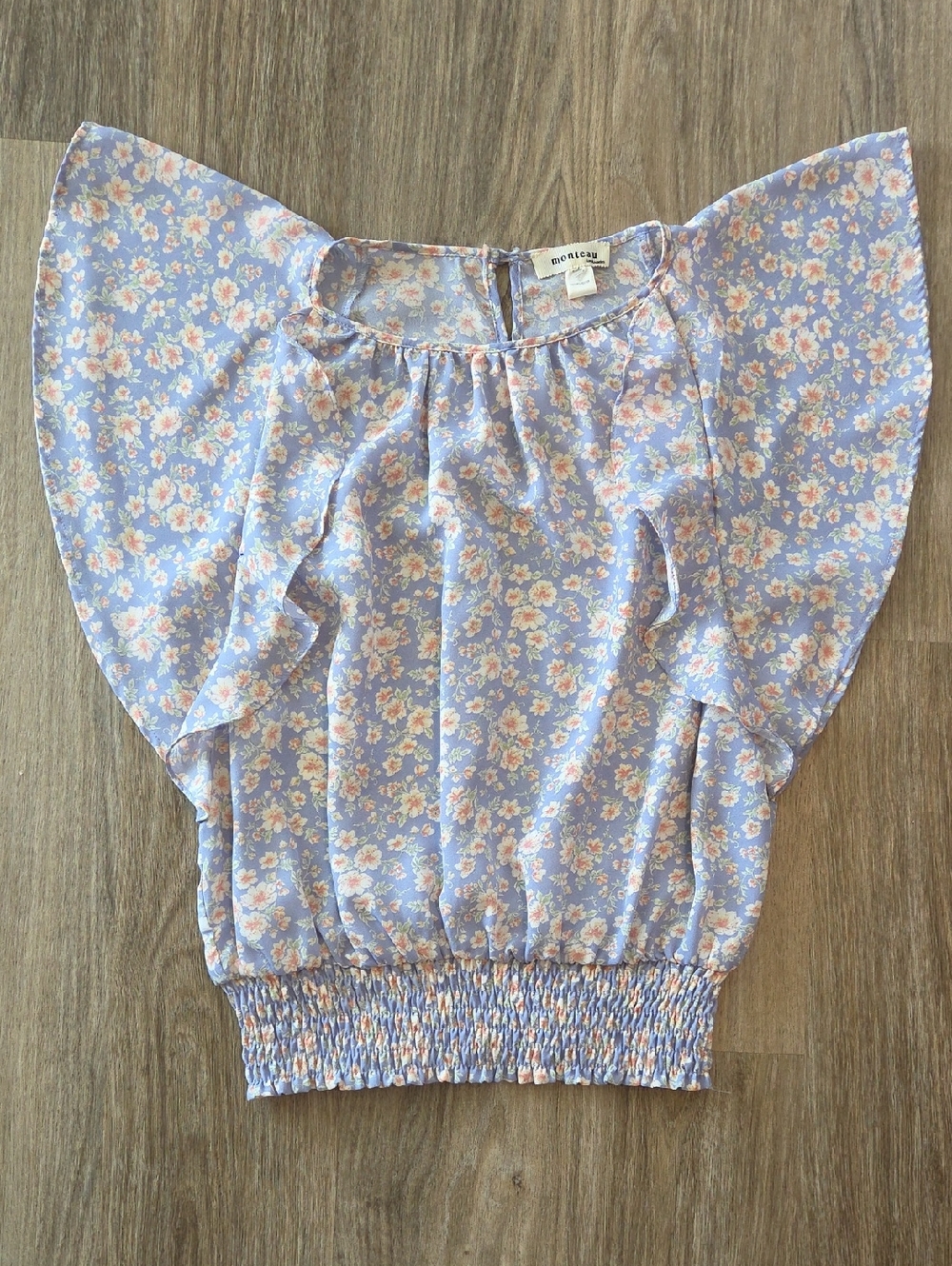 Monteau Light Blue Floral Flutter Sleeve Top No Tags